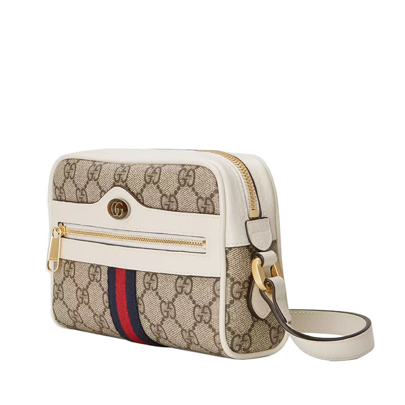 商品Gucci|【预售3-7天】GUCCI/古驰 22春夏新款Ophidia系列 女士迷你米色/乌木色老花帆布白色皮革滚边红蓝织带细节金扣拉链开合斜跨单肩包51735096IWS9794,价格¥7585,第4张图片详细描述