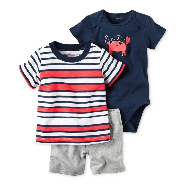 商品Carter's|3-Pc. Cotton Striped T-Shirt, Crab Bodysuit & Shorts Set, Baby Boys (0-24 months),价格¥73,第2张图片详细描述