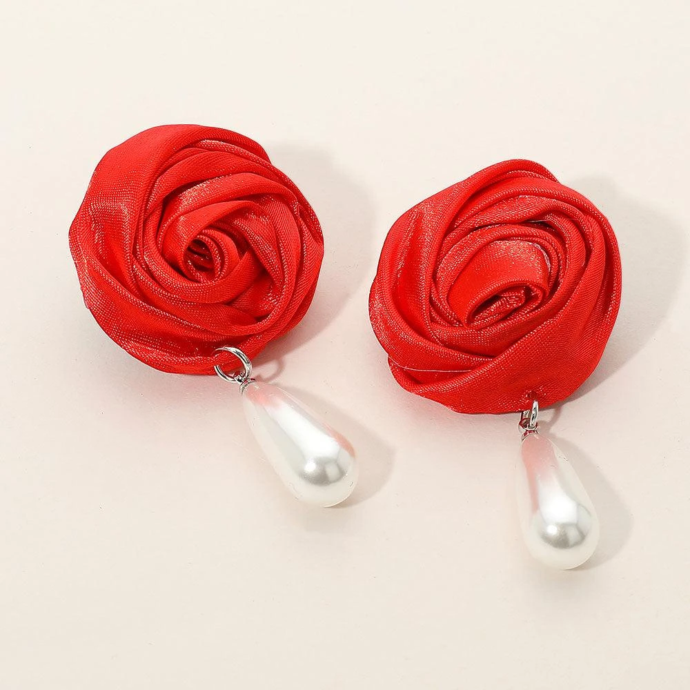 商品FASHNZFAB|Teardrop Pearl Dangle Satin Rose Earrings - Red,价格¥142,第1张图片