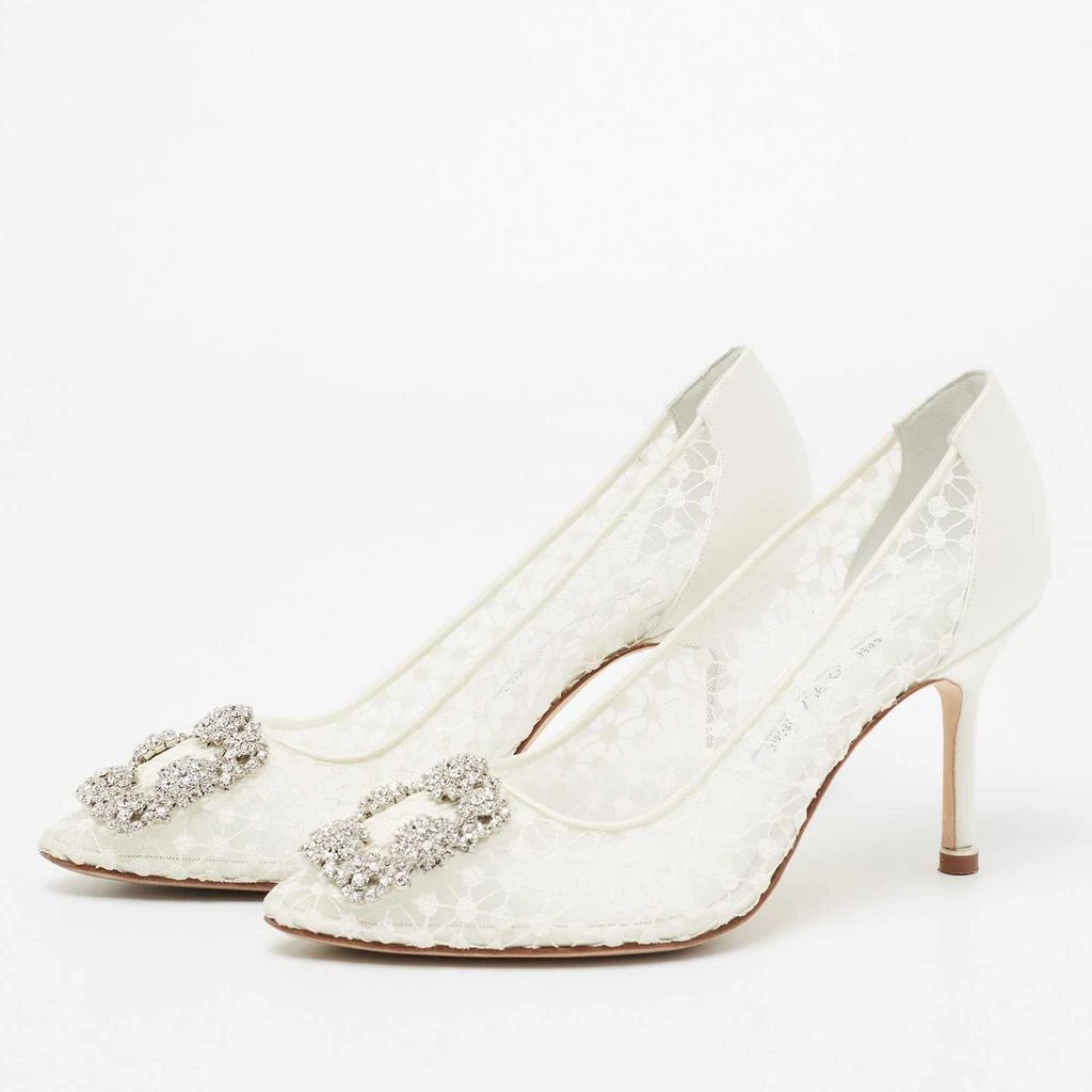 商品[二手商品] Manolo Blahnik|Manolo Blahnik White/Grey Lace and Satin Hangisi Pointed Toe Pumps Size 36,价格¥4115,第2张图片详细描述