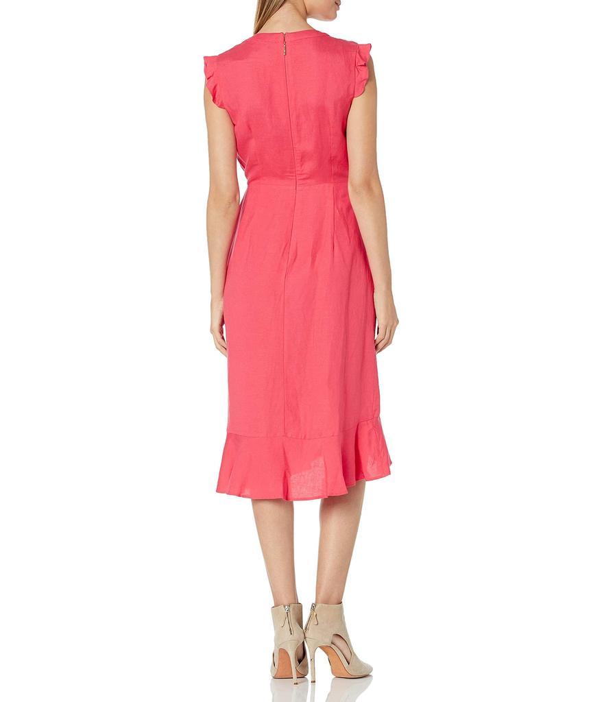 商品Karl Lagerfeld Paris|Women's V-Neck Flutter Sleeve Linen High/Low Midi Dress Withself Tie Waist,价格¥821,第4张图片详细描述