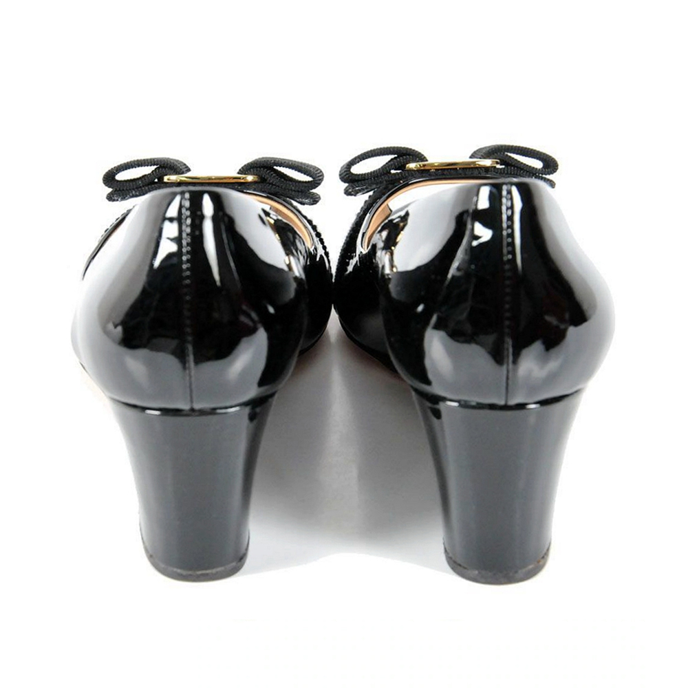 SALVATORE FERRAGAMO 女鞋黑色漆皮鱼嘴坡跟高跟鞋 0531539商品第3张图片规格展示