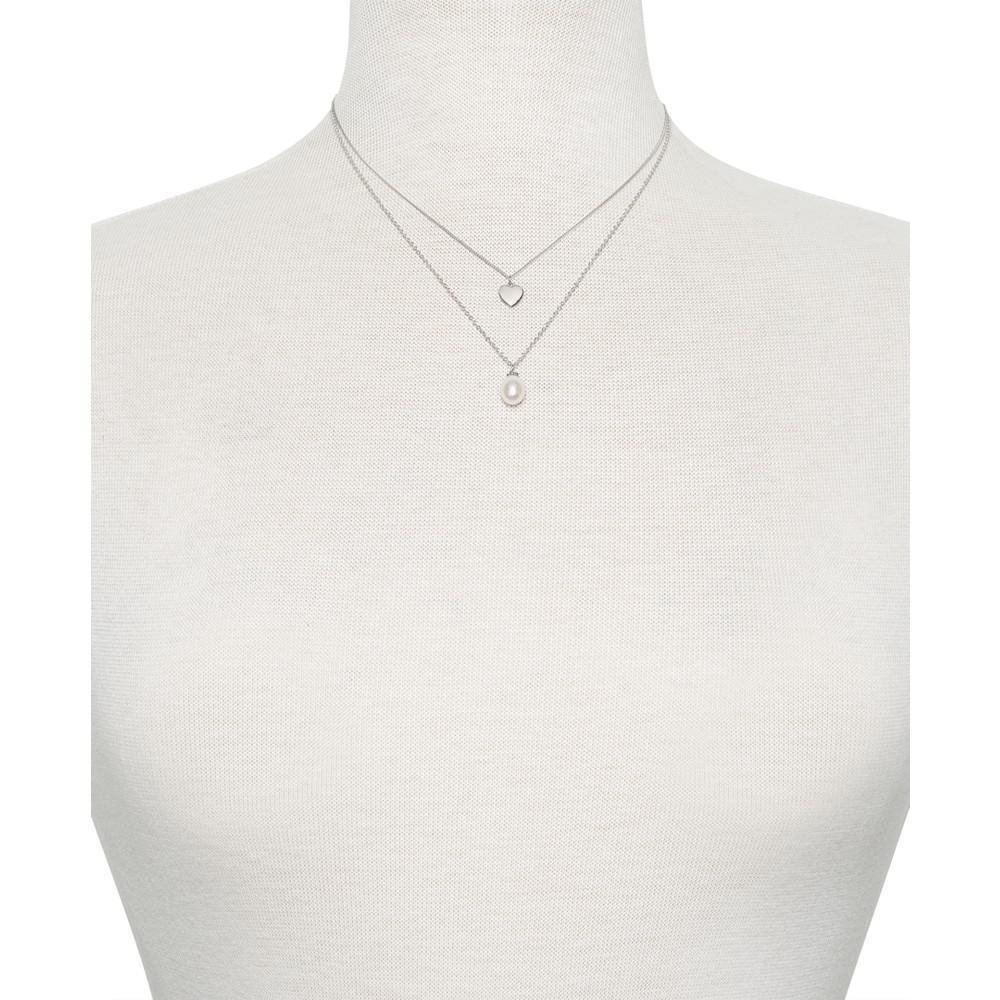 商品Belle de Mer|Cultured Freshwater Pearl (8mm) & Polished Heart Layered Necklace in Sterling Silver, 16" + 1" extender,价格¥458,第4张图片详细描述