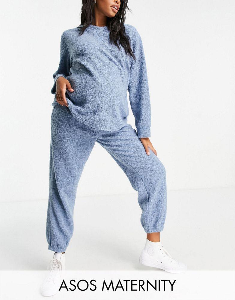 ASOS DESIGN Maternity lounge borg sweat & jogger set in blue商品第1张图片规格展示