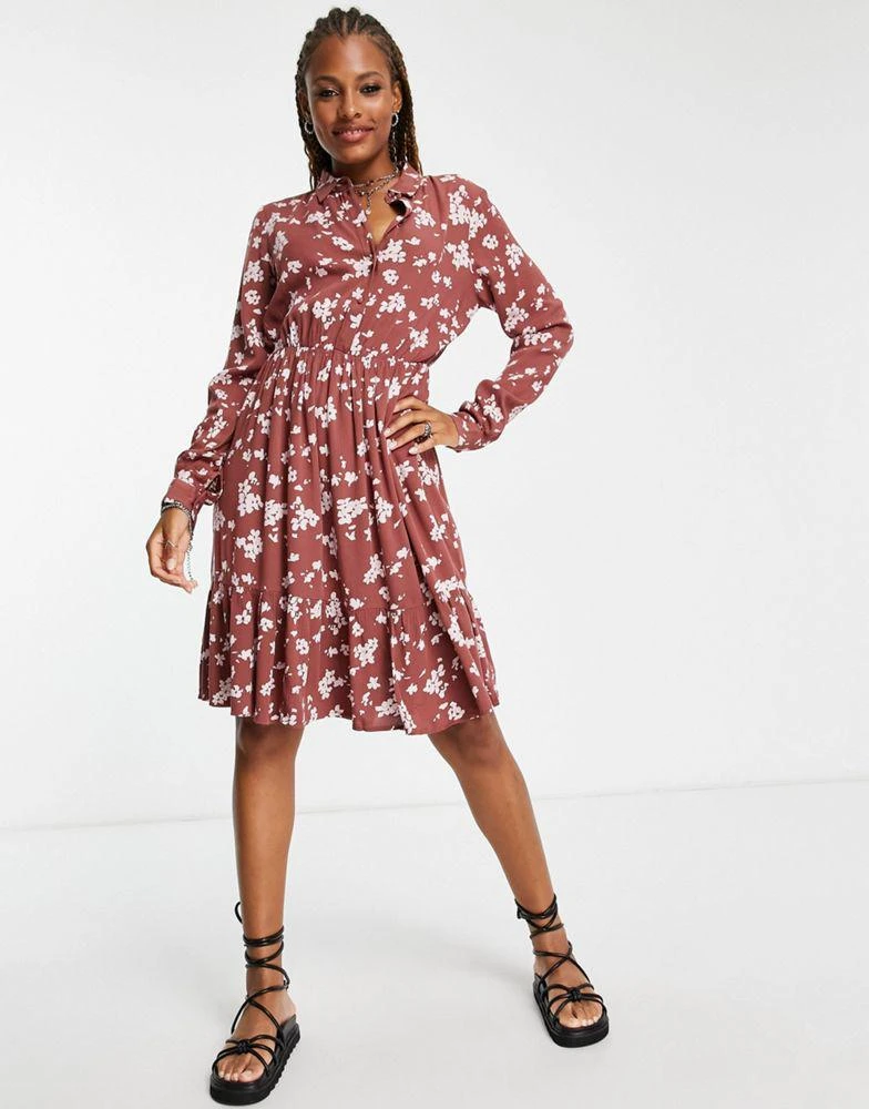 商品VERO MODA|Vero Moda long sleeve mini shirt dress in mahogany print,价格¥126,第2张图片详细描述