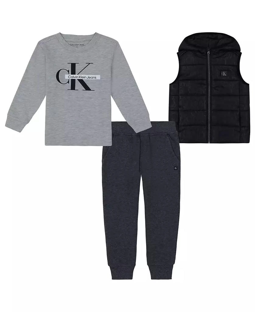 商品Calvin Klein|Toddler and Little Boys Long Sleeve Heather Logo Tee, Fleece Joggers Hooded Puffer Vest 3-Piece Set,价格¥421,第1张图片