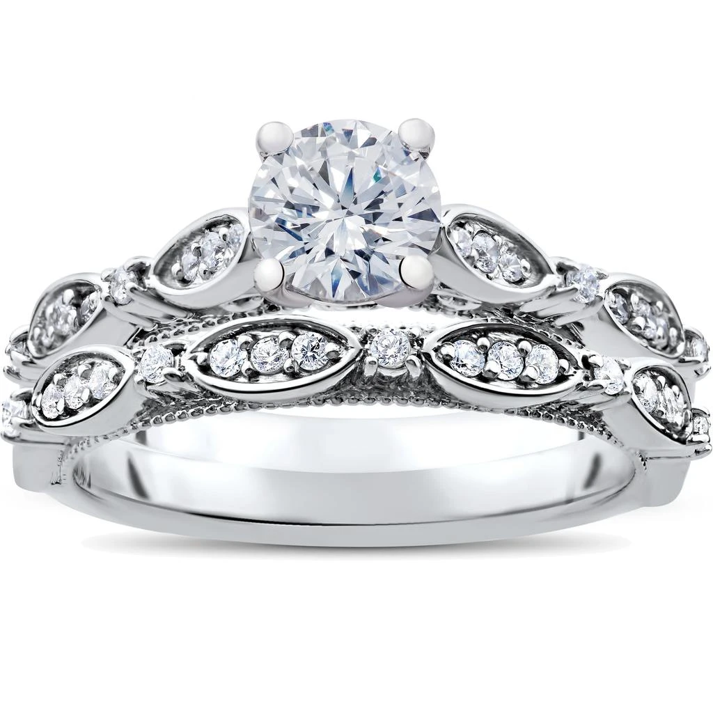 商品Pompeii3|1 ct Vintage Diamond Engagement Ring & Matching Wedding Band Set 14k White Gold,价格¥9437,第1张图片