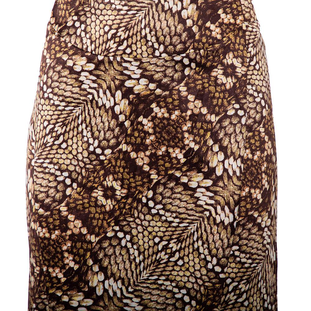 Just Cavalli Brown Snake Print Silk Satin Flared Asymmetrical Hem Maxi Skirt L商品第4张图片规格展示