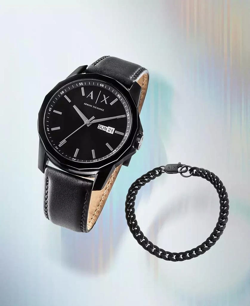 商品Armani Exchange|Men's Three-Hand Day-Date Quartz Black Leather Watch 44mm and Black Stainless Steel Bracelet Set,价格¥1423,第5张图片详细描述