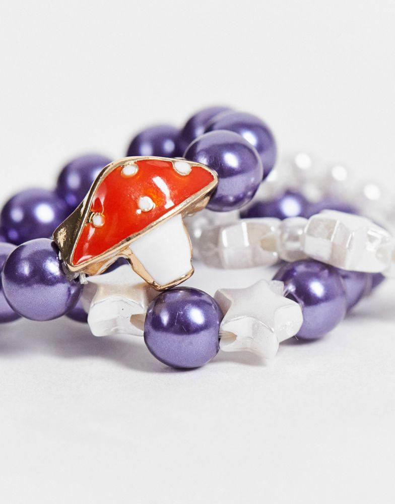 商品Reclaimed Vintage|Reclaimed Vintage inspired stretch ring pack with mushroom pendant in 90's beads,价格¥29,第6张图片详细描述