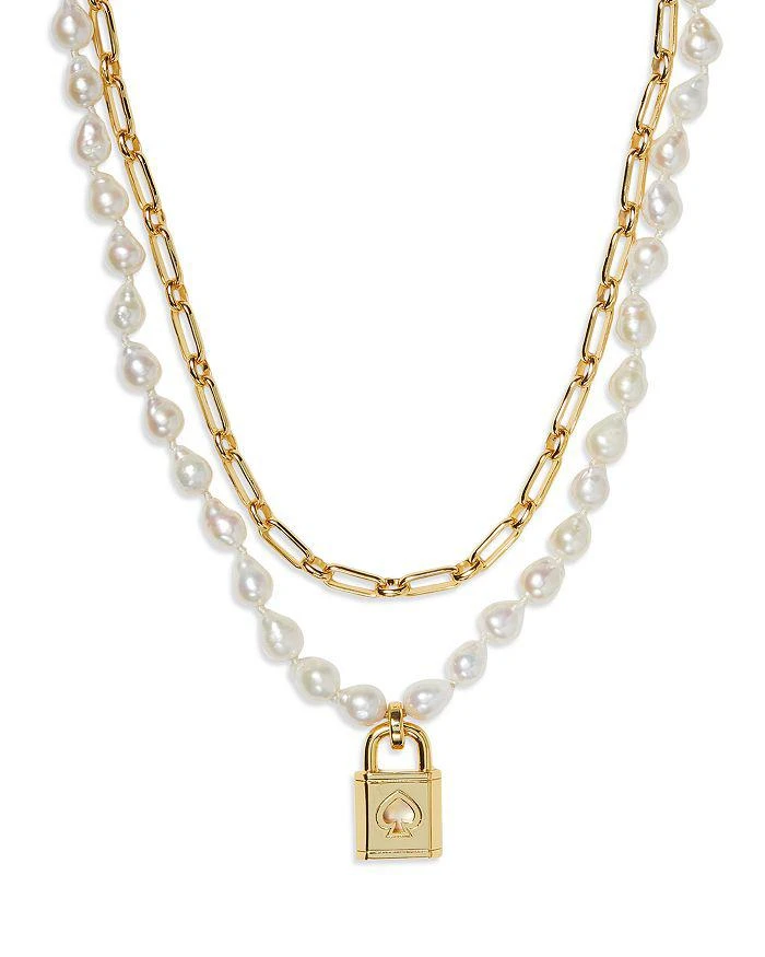 商品Kate Spade|Lock And Spade Padlock Charm Paperclip Link & Freshwater Pearl Layered Pendant Necklace in Gold Tone, 17"-20",价格¥1041,第1张图片