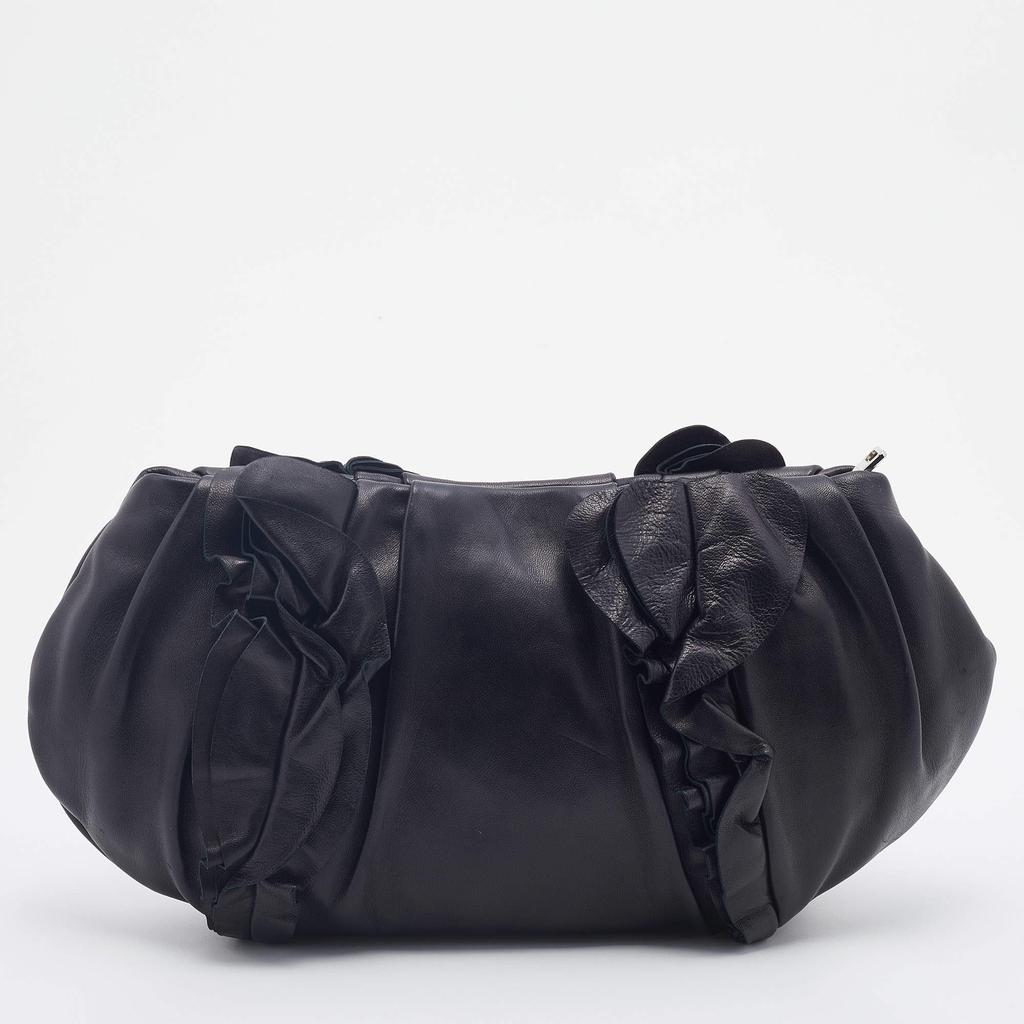 Prada Black Leather Ruffle Shoulder Bag商品第4张图片规格展示