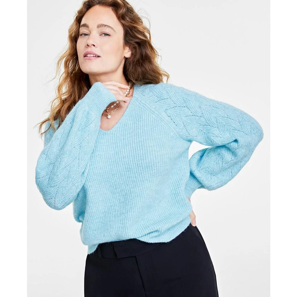 商品On 34th|Women's V-Neck Pointelle-Sleeve Sweater, Created for Macy's,价格¥178,第1张图片