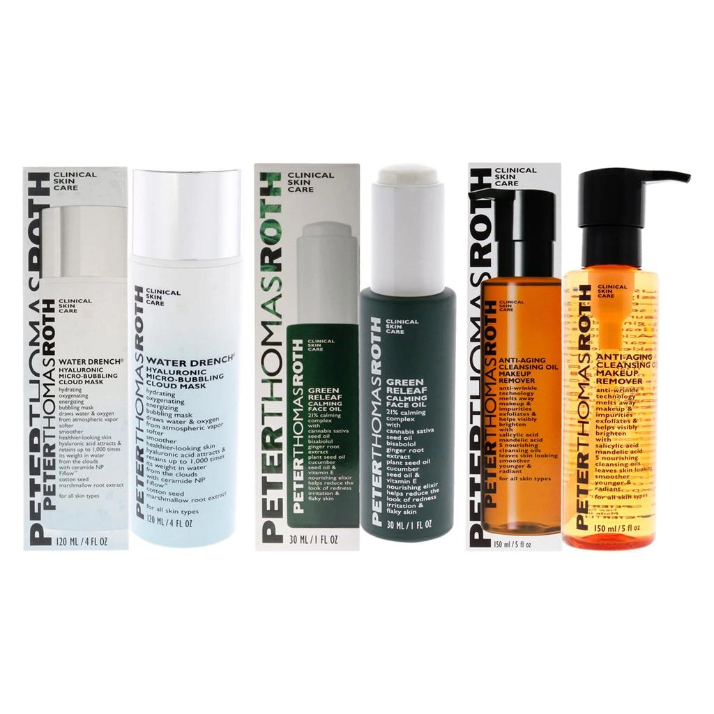 商品Peter Thomas Roth|Peter Thomas Roth Kit by Peter Thomas Roth for Unisex - 3 Pc Kit 5oz Anti-Aging Cleansing Oil Makeup Remover, 1oz Green Releaf Calming Face Oil, 4oz Water Drench Hyaluronic Micro-Bubbling Cloud Mask,价格¥697,第1张图片