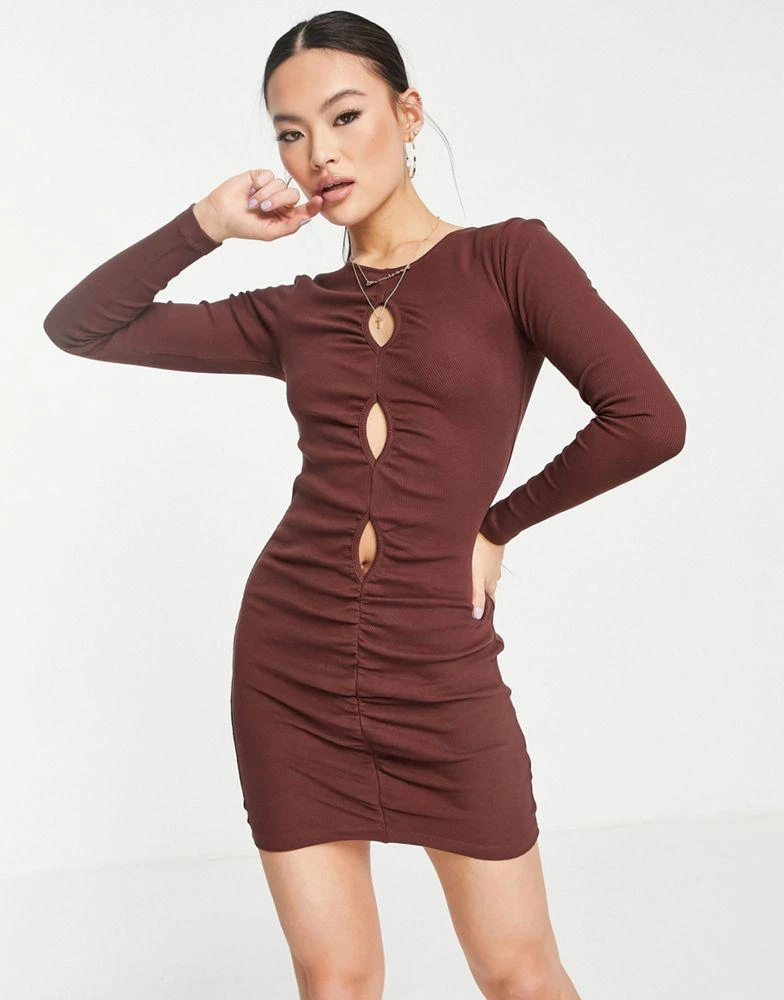 商品AsYou|ASYOU cut out long sleeve mini dress in chocolate,价格¥112,第4张图片详细描述