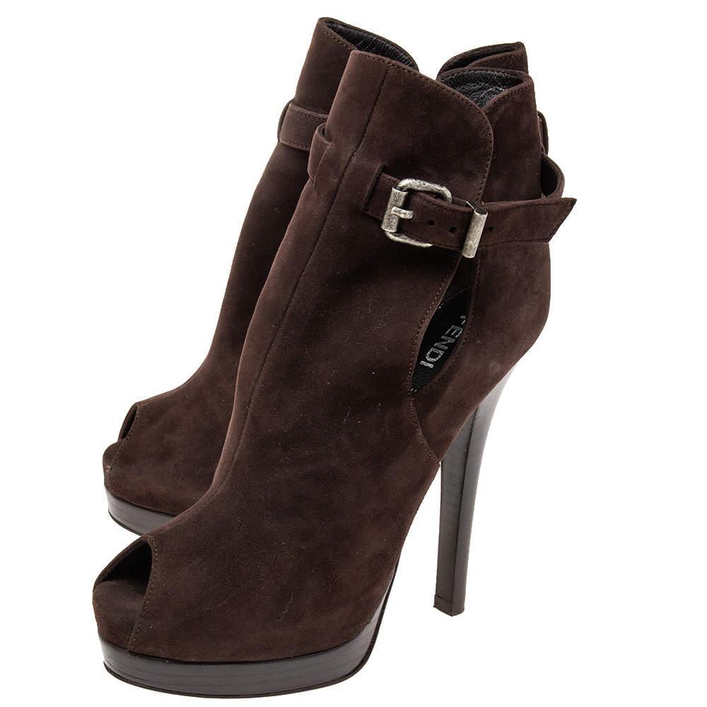 商品[二手商品] Fendi|Fendi Dark Brown Suede Peep-Toe Platform Ankle Booties Size 36,价格¥1076,第6张图片详细描述