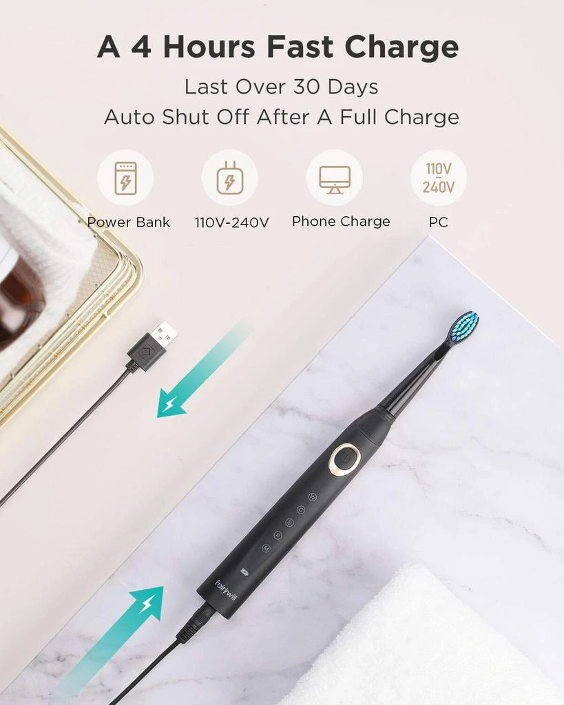 商品Fairywill|Fairywill Electric Toothbrush for Adults and Kids Accepted by American Dental Association, 8 Dupont Brush Heads & Travel Case 5 Modes Rechargeable Whitening Power Sonic Toothbrush Smart Timer Black,价格¥193,第5张图片详细描述