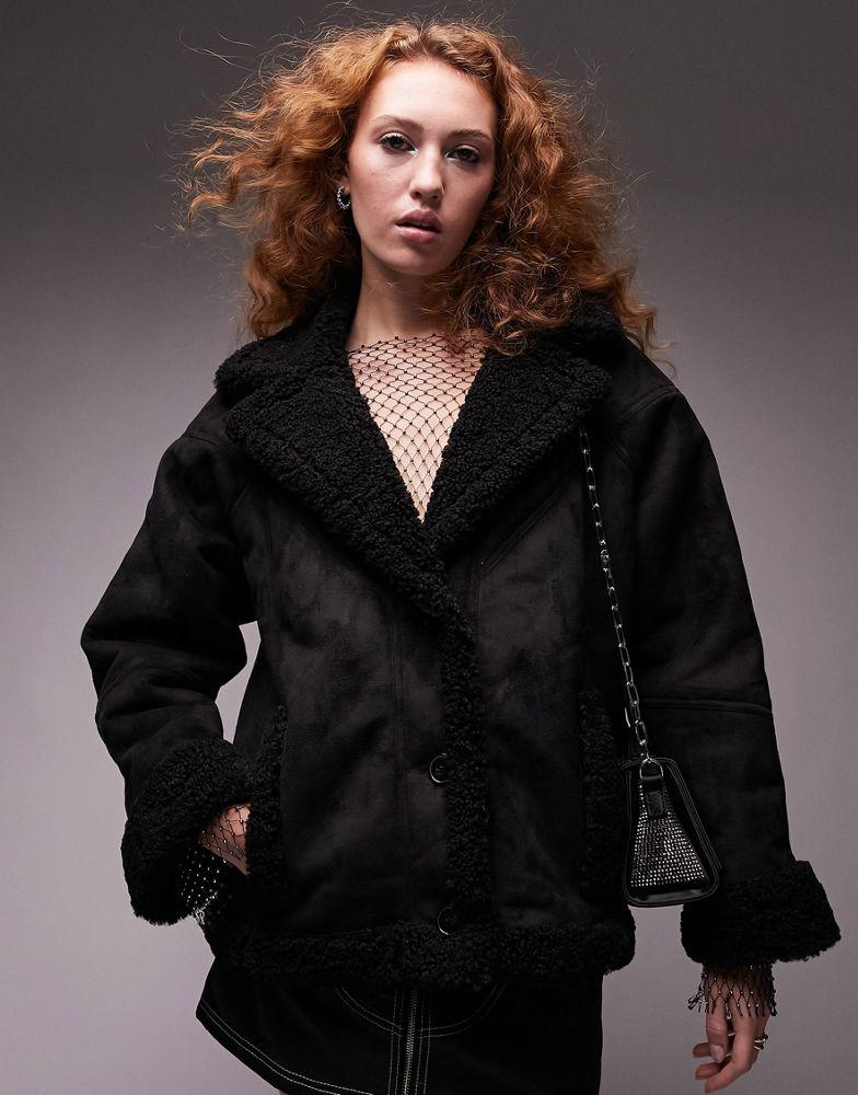 Topshop faux shearling car coat in black商品第4张图片规格展示