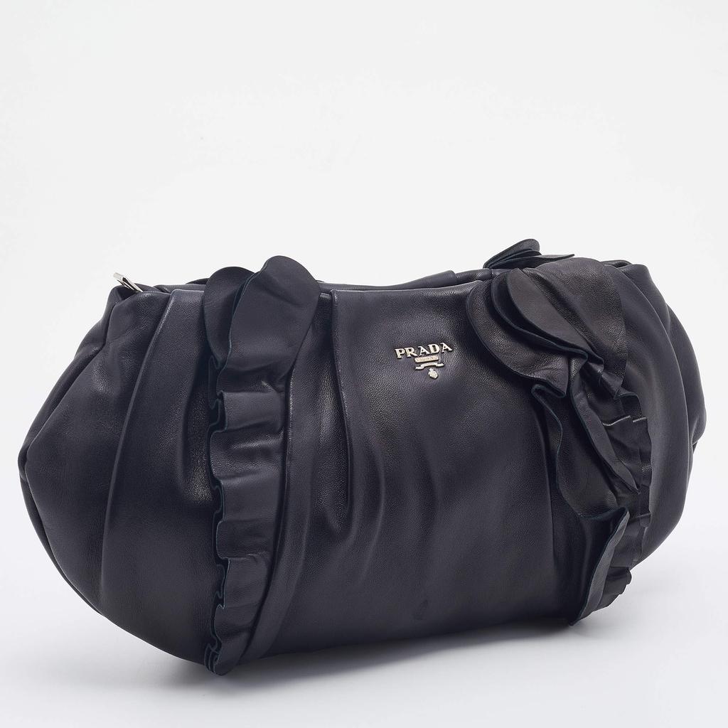 Prada Black Leather Ruffle Shoulder Bag商品第3张图片规格展示