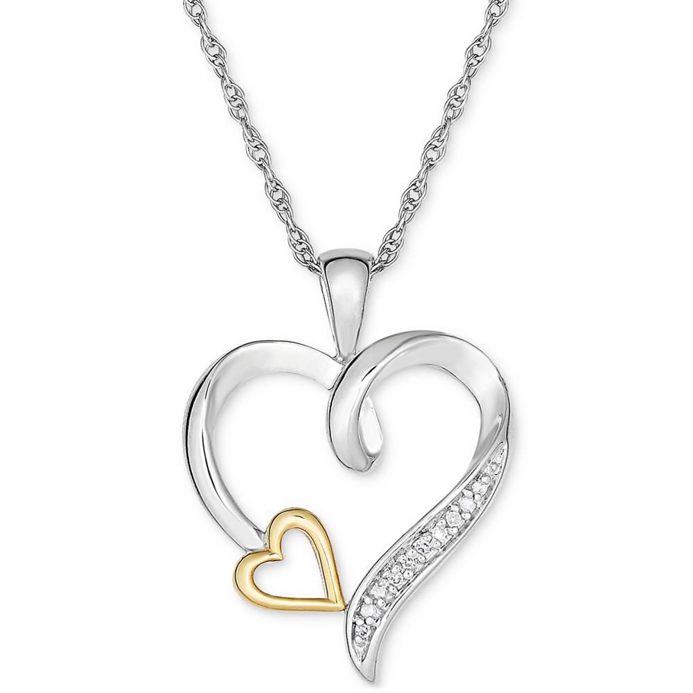 Diamond Accent Two-Tone Heart 18" Pendant Necklace in Sterling Silver & 10k Gold商品第4张图片规格展示