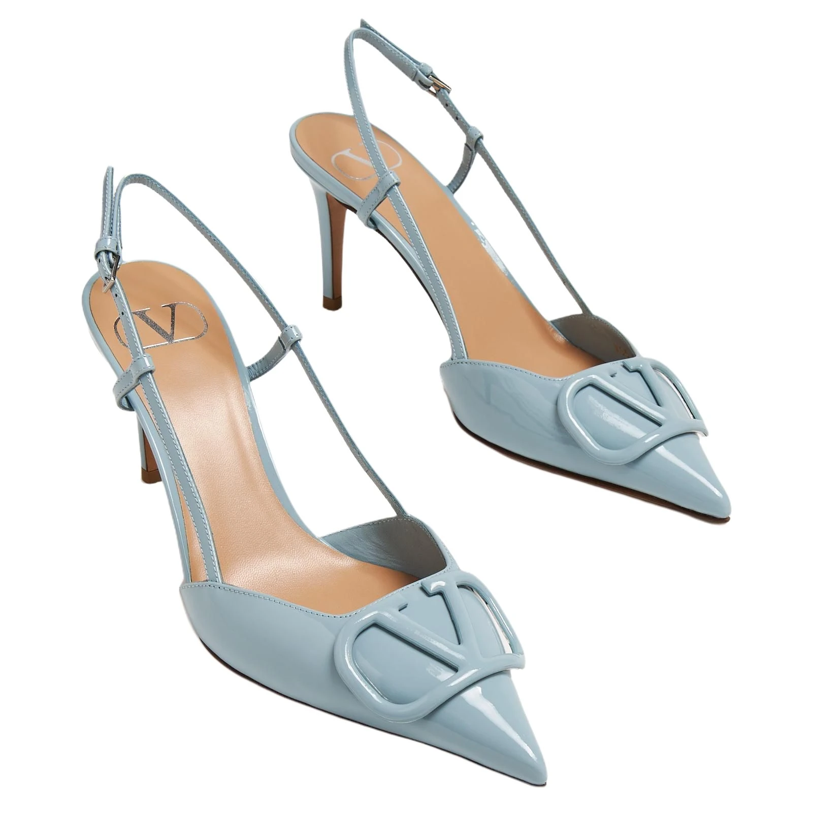 商品[国内直发] Valentino|华伦天奴 Vlogo Signature 漆皮 尖头搭扣 细跟 高跟鞋 8cm 女款 淡蓝色,价格¥11965,第4张图片详细描述