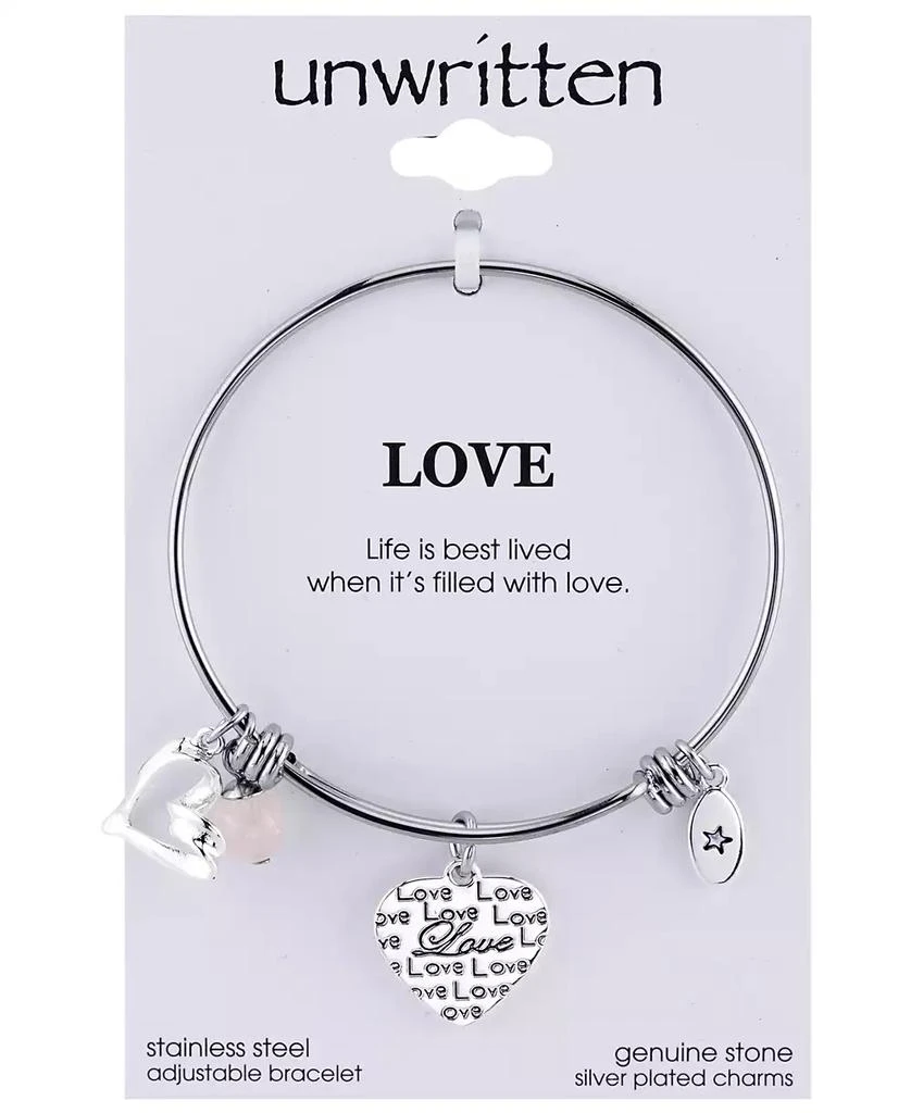 商品Unwritten|Love Charm and Rose Quartz (8mm) Bangle Bracelet in Stainless Steel with Silver Plated Charms,价格¥103,第2张图片详细描述