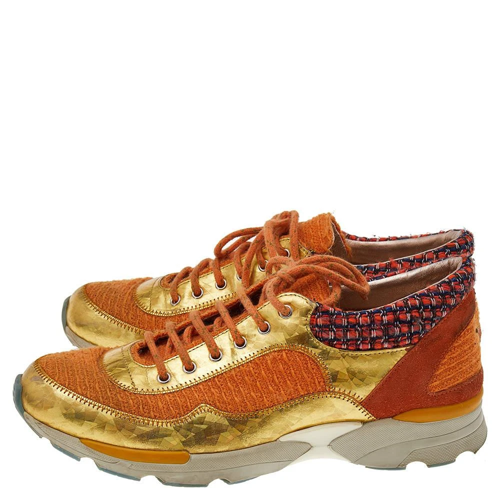 商品[二手商品] Chanel|Chanel Orange/Gold Tweed And Suede CC Low Top Sneakers Size 38,价格¥3489,第4张图片详细描述