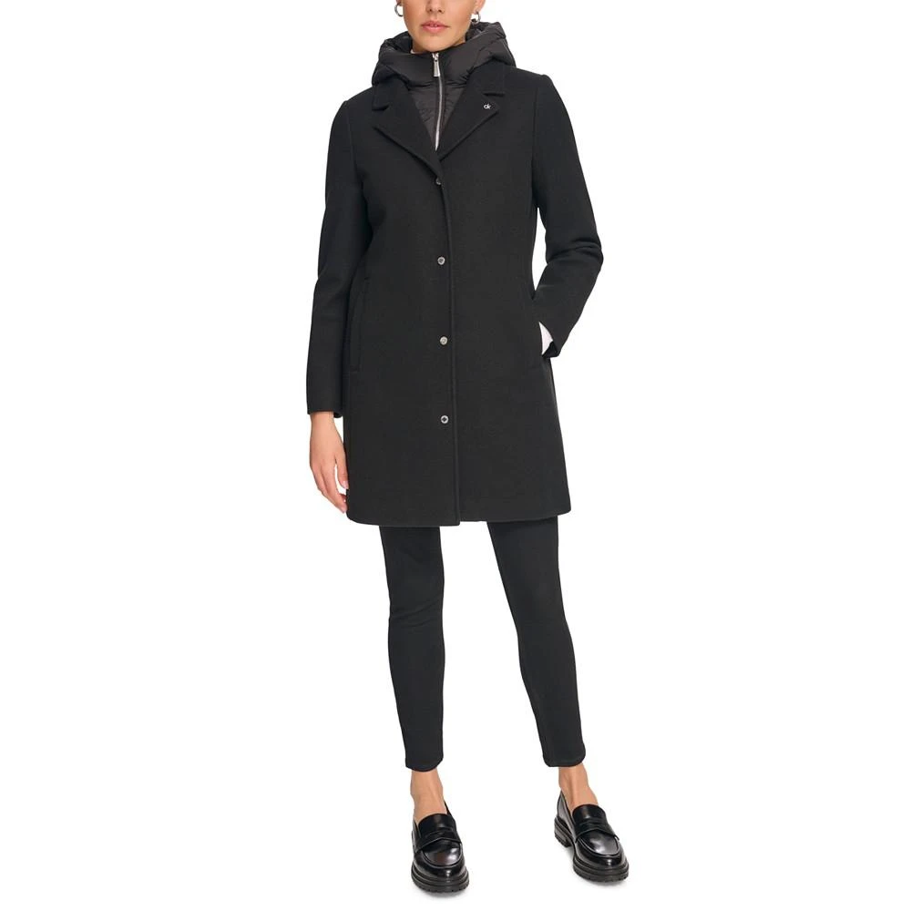 商品Calvin Klein|Women's Hooded Bibbed Mixed Media Coat,价格¥1764,第1张图片