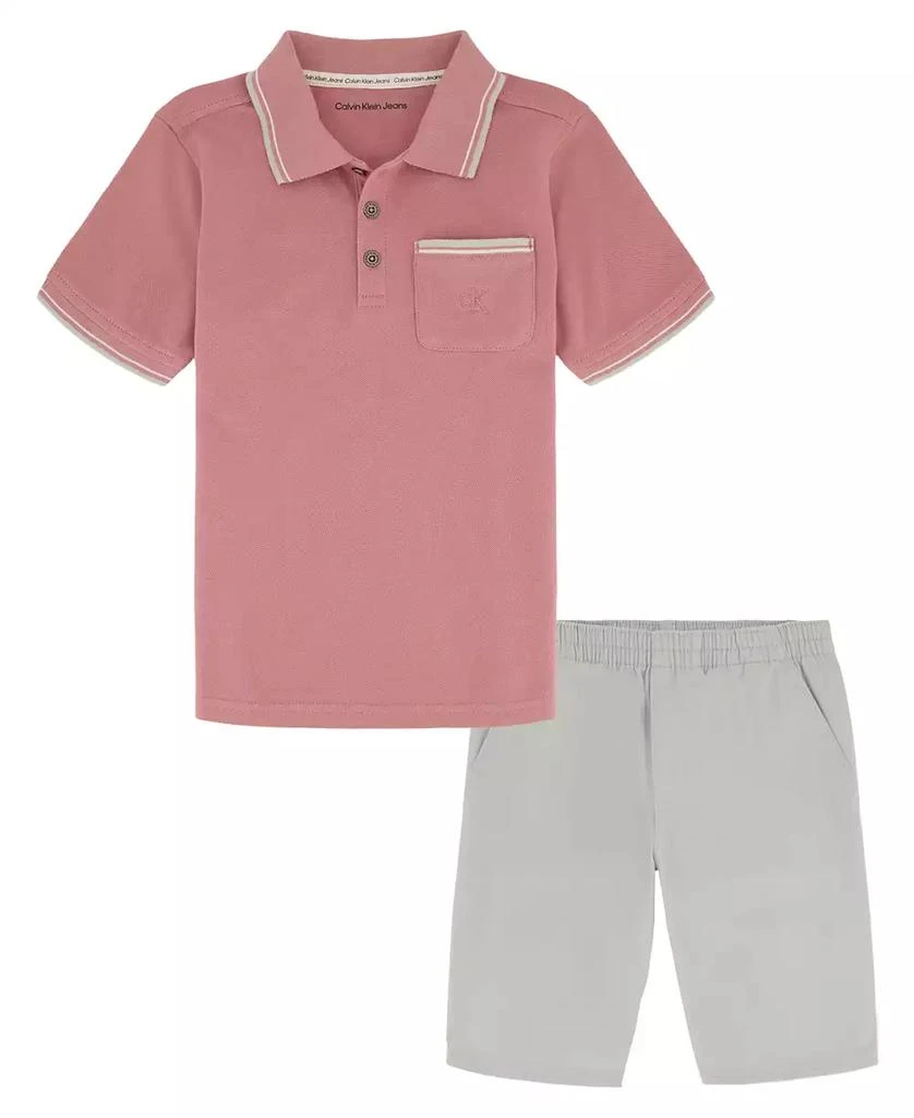 商品Calvin Klein|Toddler Boys Monogram Pocket Pique Short Sleeve Polo Shirt and Twill Shorts, 2 Piece Set,价格¥113,第1张图片