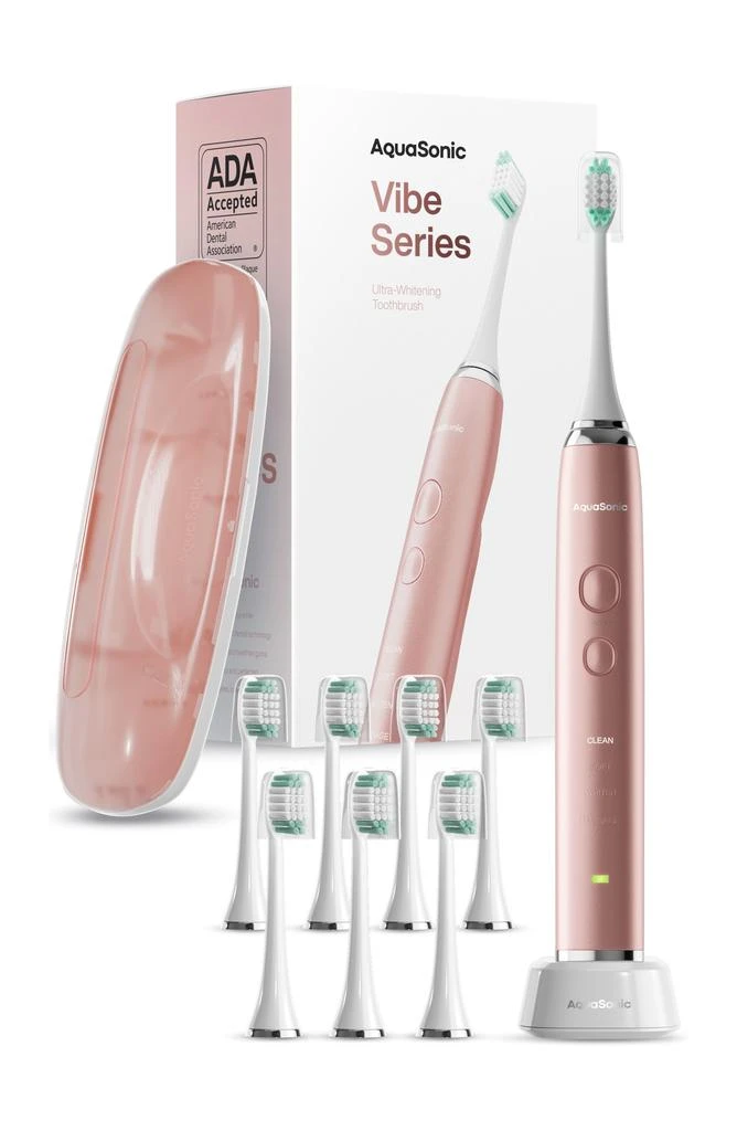 商品AquaSonic|VIBE Series Pink UltraSonic Whitening Toothbrush with 8 DuPont Brush Heads & Travel Case,价格¥304,第1张图片