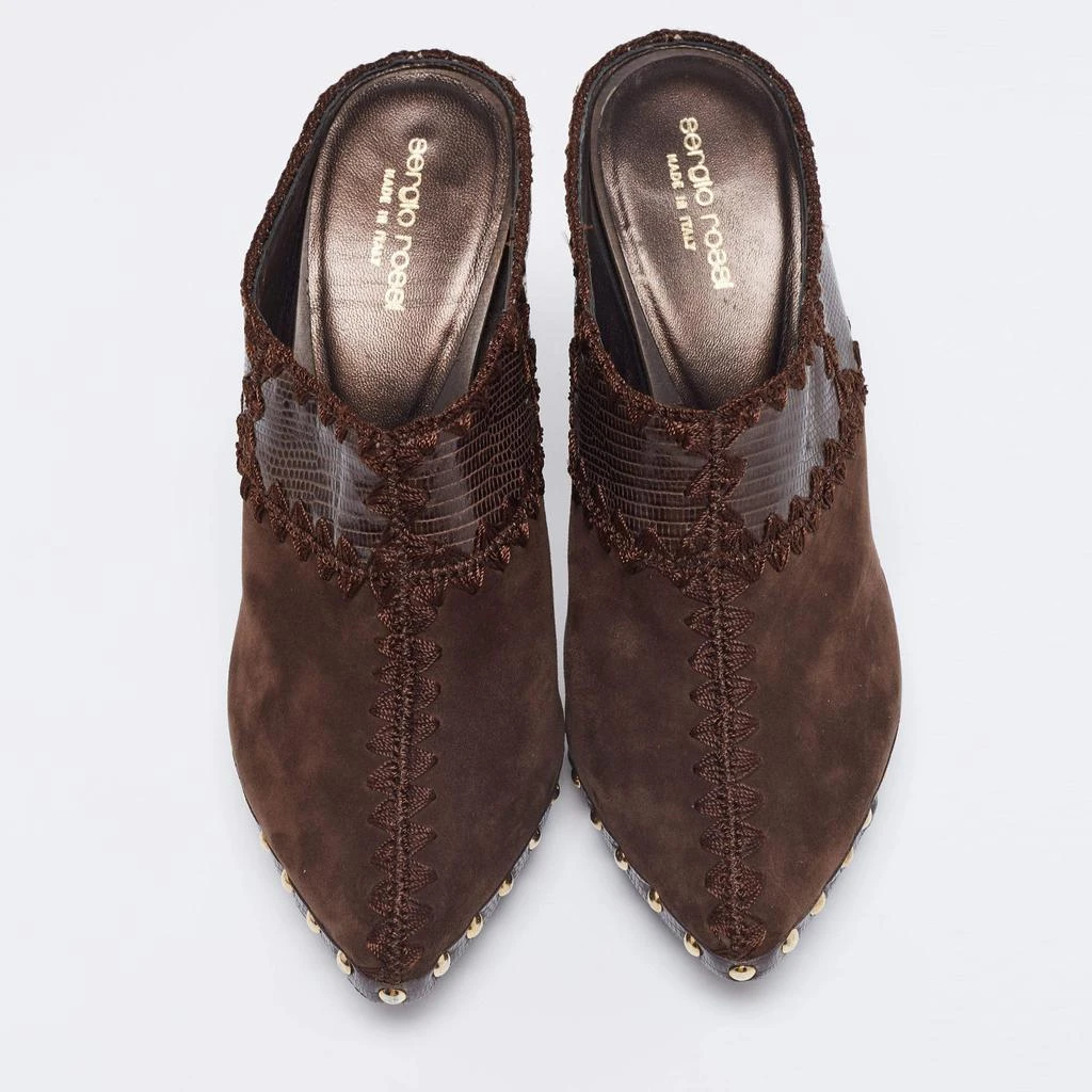 商品[二手商品] Sergio Rossi|Sergio Rossi Brown Lizard Embossed Leather and Suede Studded Platform Mules Size 38,价格¥1347,第3张图片详细描述