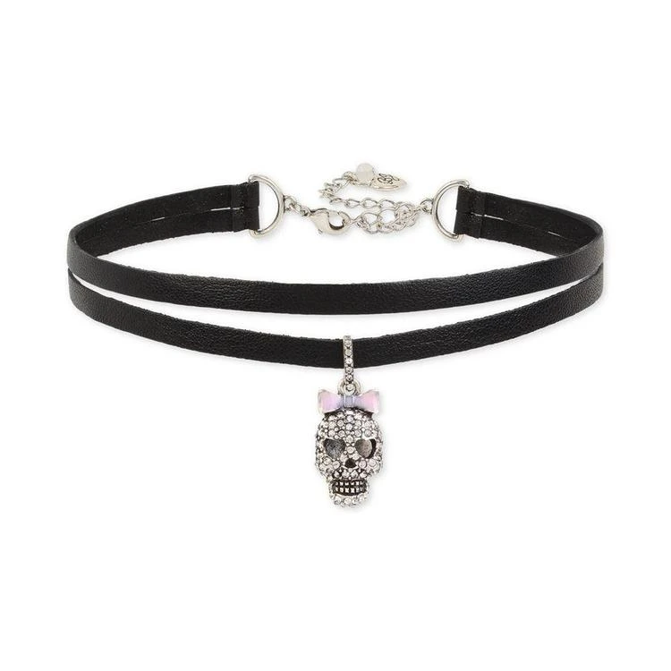 商品Betsey Johnson|Silver-Tone Pavé Skull Charm Imitation Leather Double Row Choker Necklace,价格¥123,第1张图片