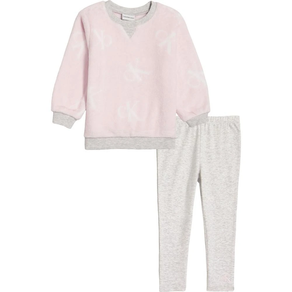 商品Calvin Klein|Little Girls Silky Sherpa Logo Crew-Neck and Heather Leggings Set, 2 Piece,价格¥156,第1张图片