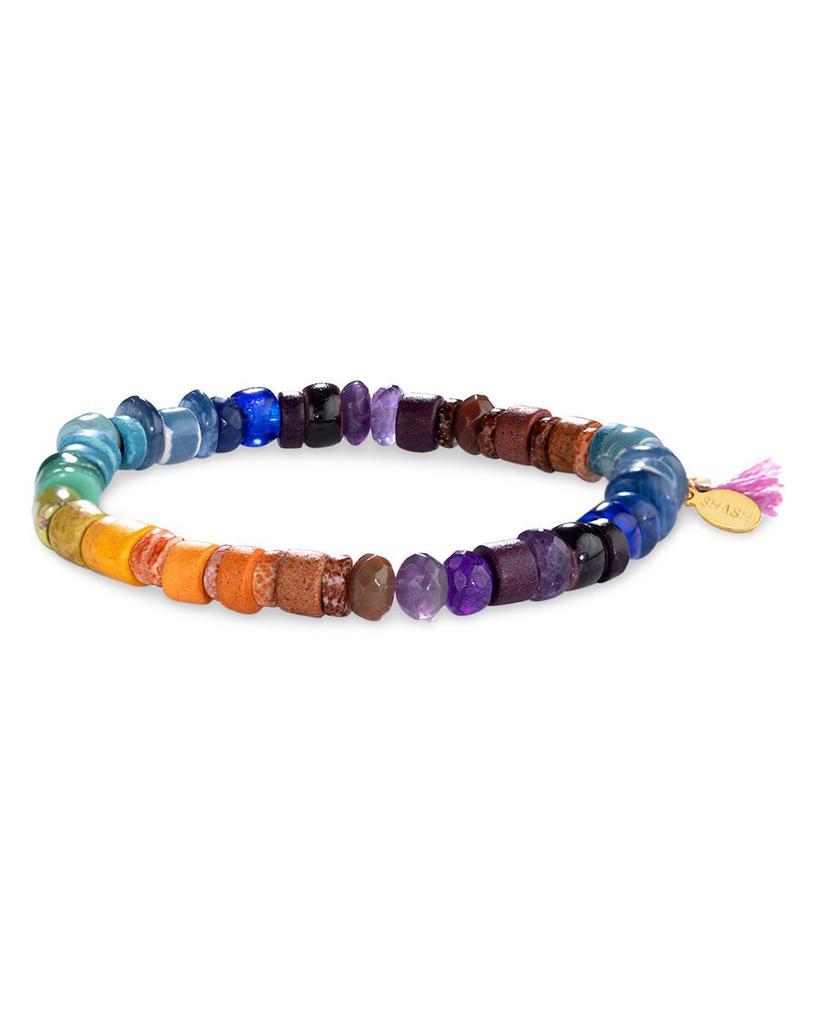 商品Shashi|Zoe Multicolor Gemstone & Ceramic Beaded Stretch Bracelet in 14K Gold Plated Sterling Silver,价格¥566,第1张图片