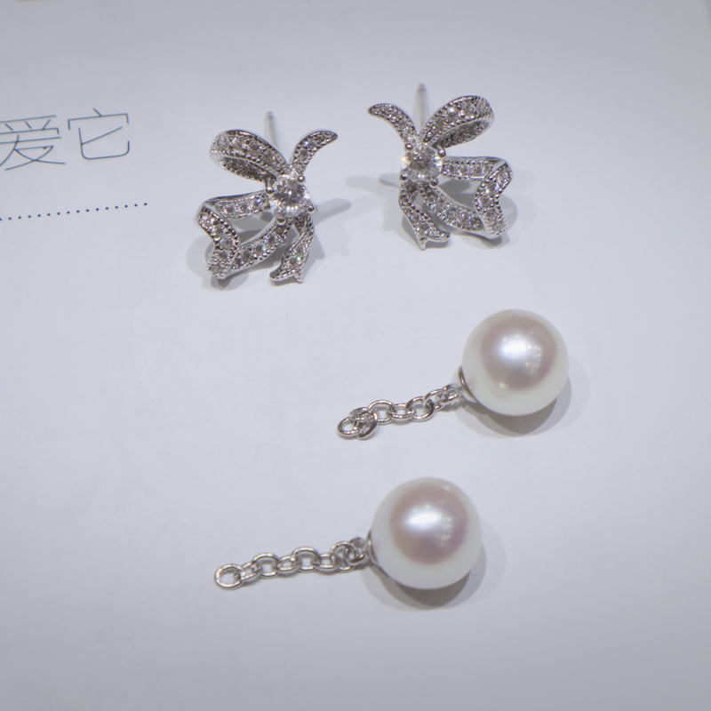 925银天然淡水珍珠akoya光泽蝴蝶结耳钉(一款二戴)商品第4张图片规格展示