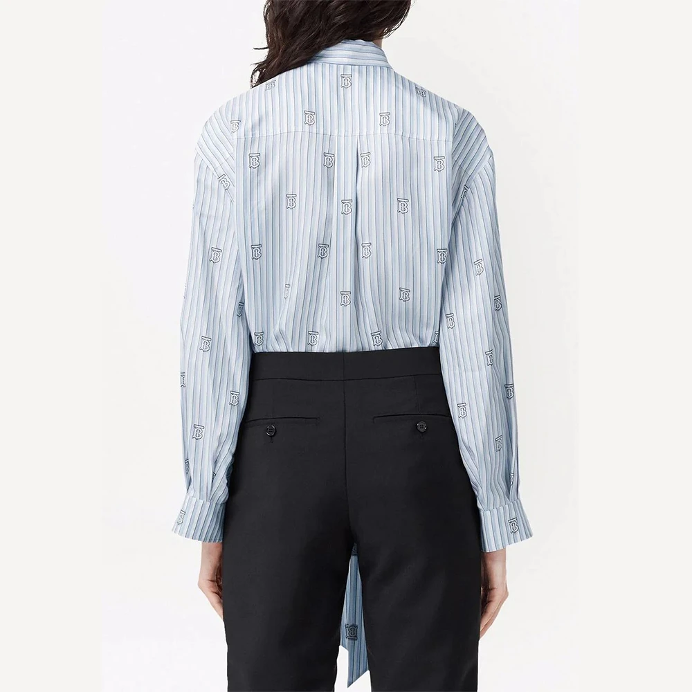 BURBERRY 女士浅蓝色条纹徽标印花条纹蝴蝶结长袖女衫 8050611 商品
