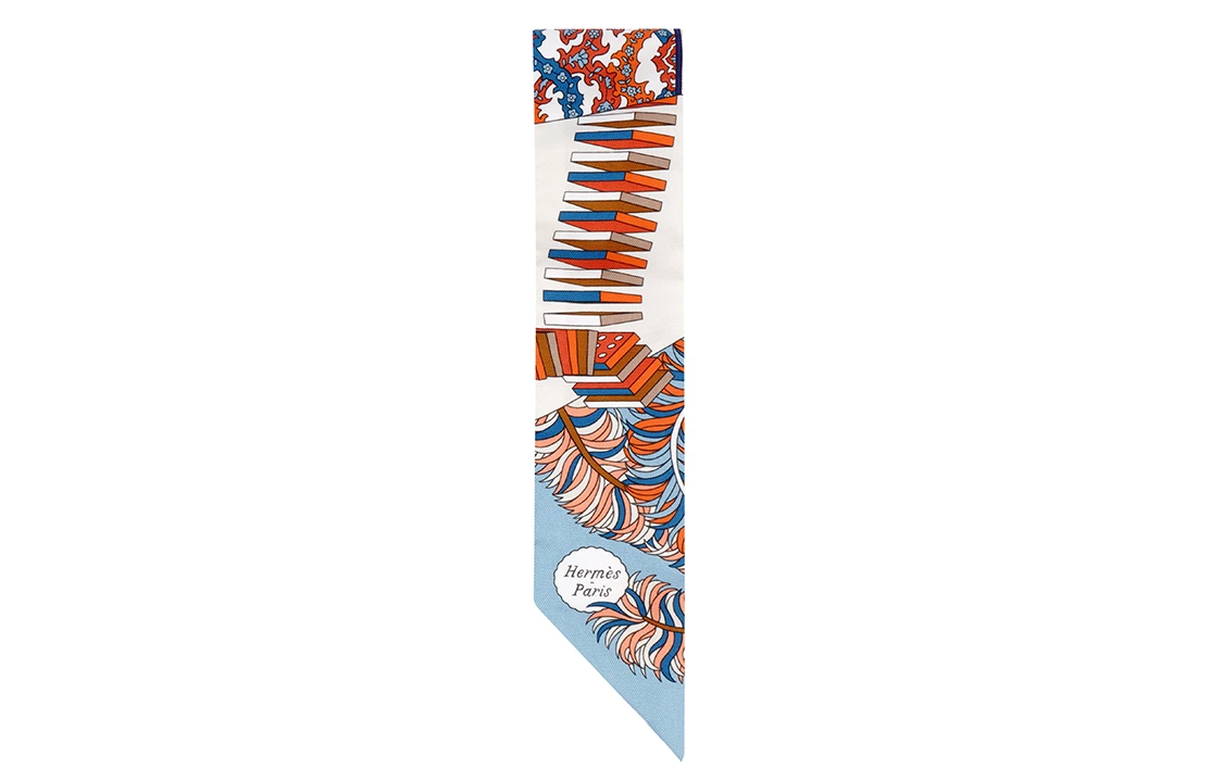 商品[国内直发] Hermes|爱马仕 \"从洋伞到对决\"l'Ombrelle aux Duels twilly 小丝带 蓝色/南瓜黄/奶油色 丝巾 女款,价格¥1918,第4张图片详细描述