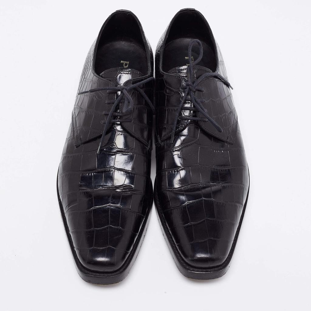 Prada Black Croc Embossed Leather Derby Size 40.5商品第3张图片规格展示