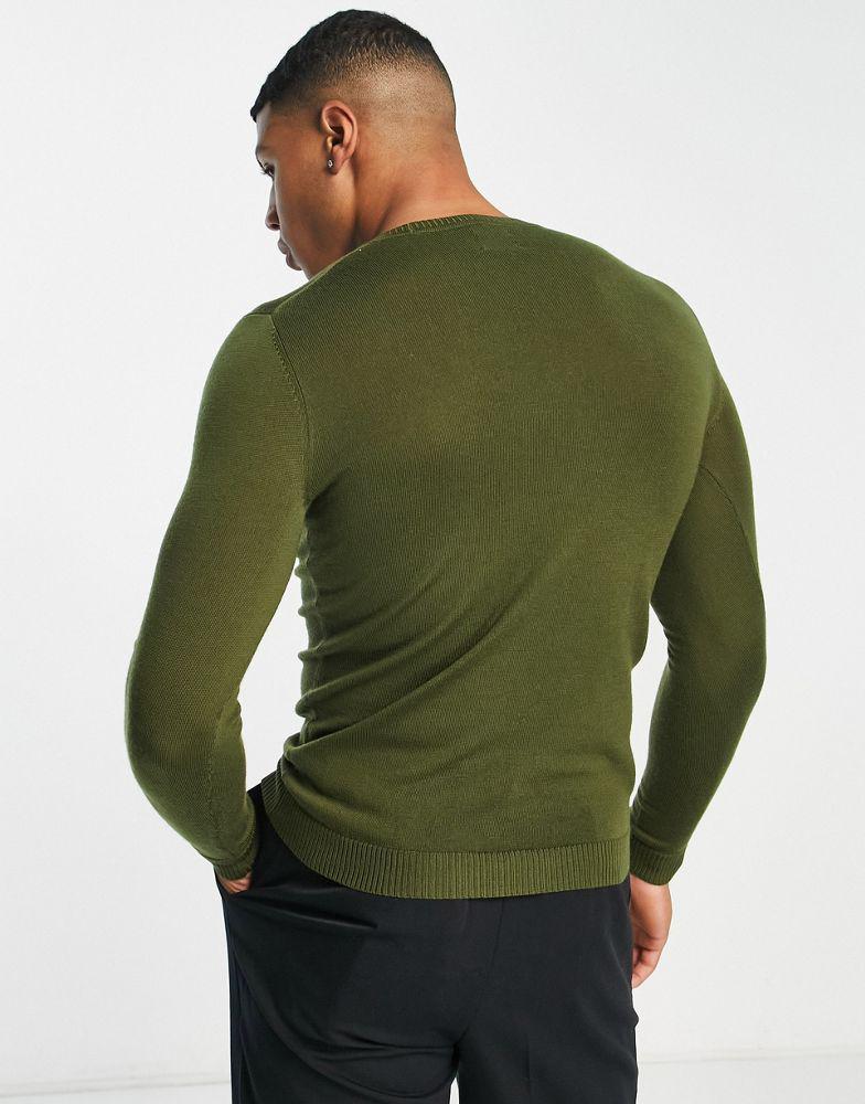 ASOS DESIGN muscle fit premium merino wool jumper in khaki商品第2张图片规格展示