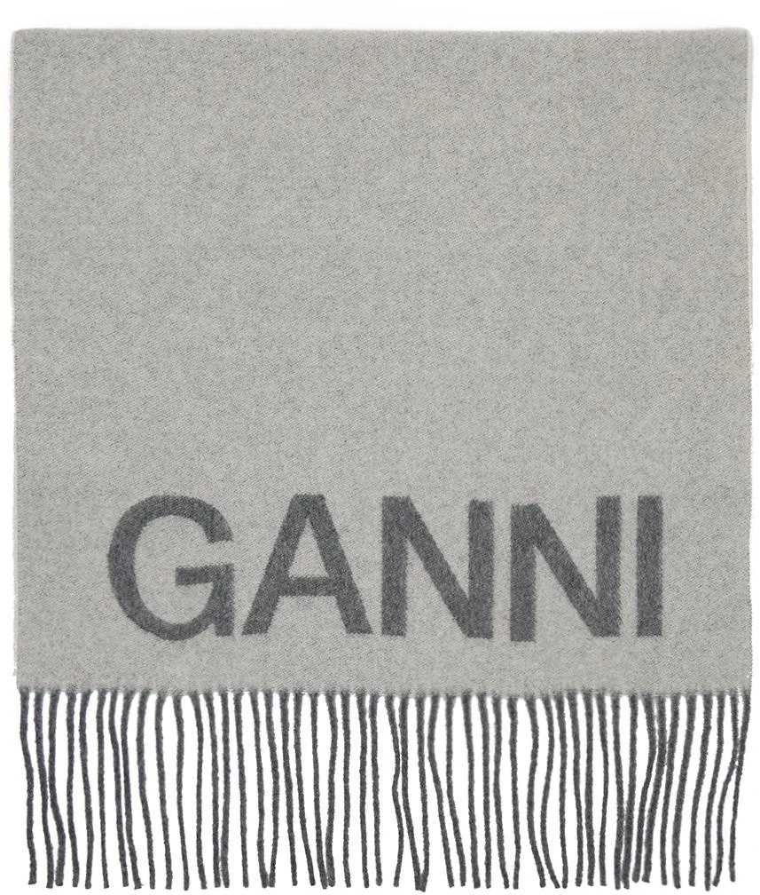商品Ganni|Gray Fringe Logo Scarf,价格¥624,第1张图片