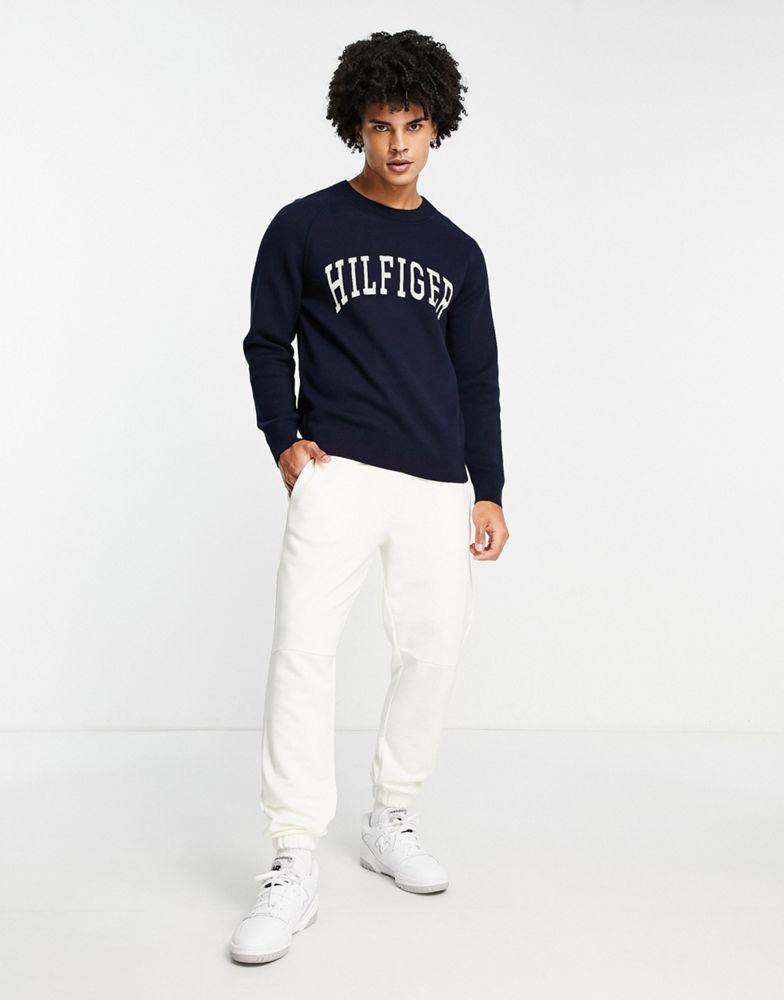 商品Tommy Hilfiger|Tommy Hilfiger cotton blend varsity applique logo knit jumper in navy,价格¥1134,第5张图片详细描述