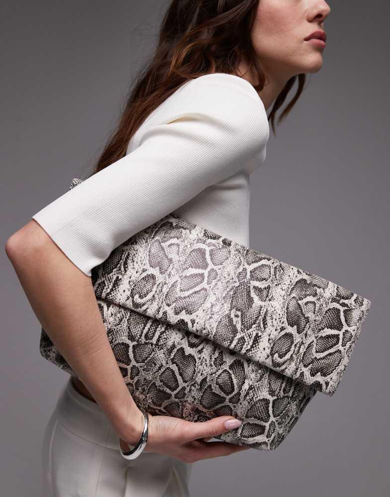 Shop Topshop Georgia folded clutch grab bag in snake print on Sale