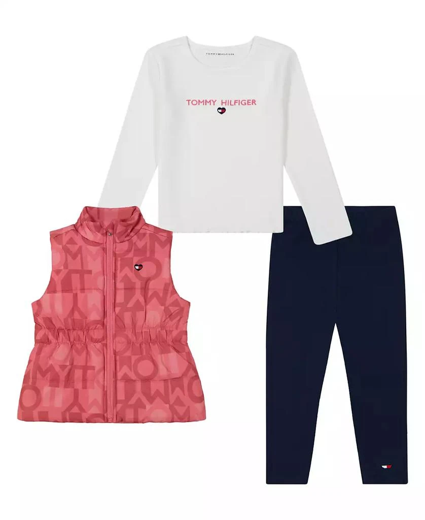 商品Tommy Hilfiger|Toddler and Little Girls Long Sleeve Ribbed Tee, Puffer Vest and Stretch Leggings, 3 Piece Set,价格¥272,第1张图片