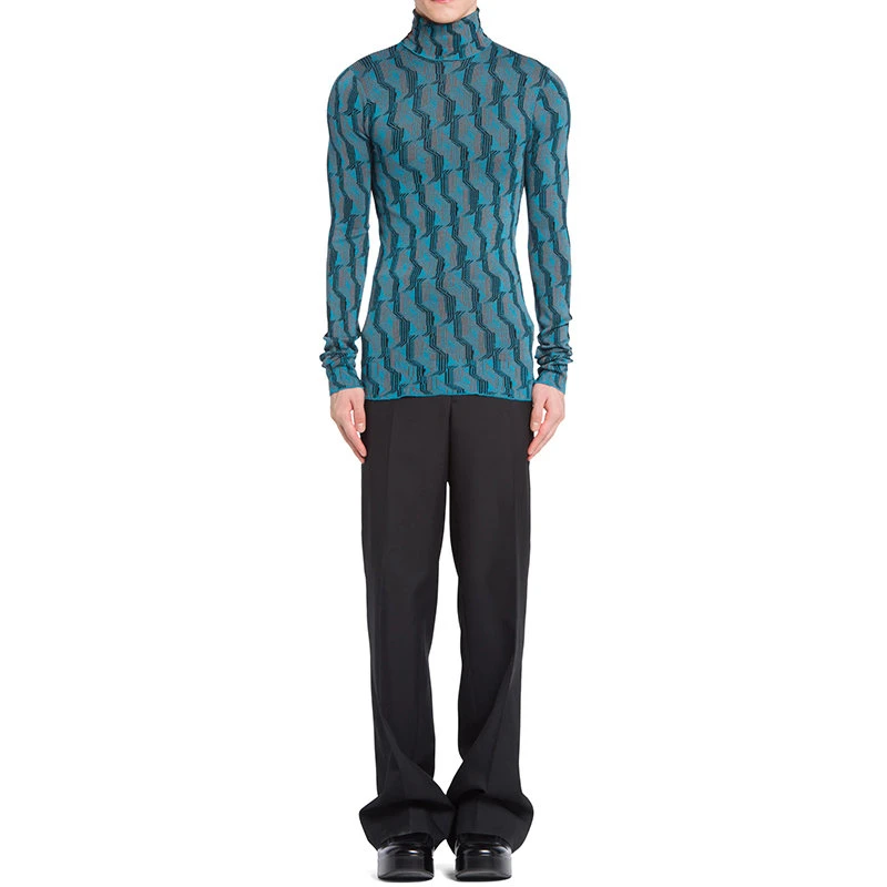 商品Prada|【预售3-7天】PRADA/普拉达 21年秋冬 男士蓝绿色提花羊毛高领毛衣UMR500_1ZEH_F0136_S_212,价格¥8449,第4张图片详细描述