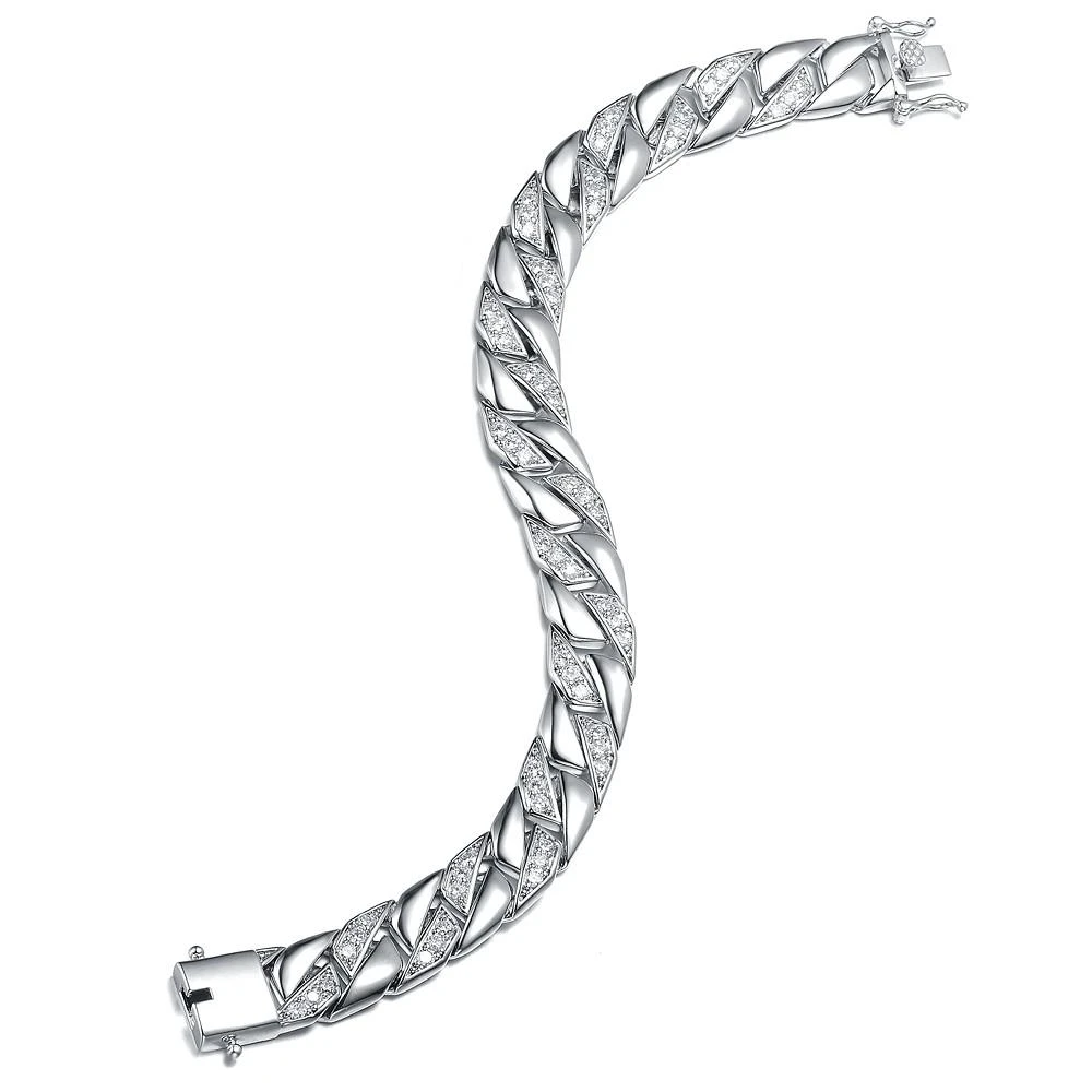 商品Genevive|Men's Sterling Silver White Gold Plated with Iced Out Cubic Zirconia Braided Cuban Chain Bracelet,价格¥1530,第2张图片详细描述