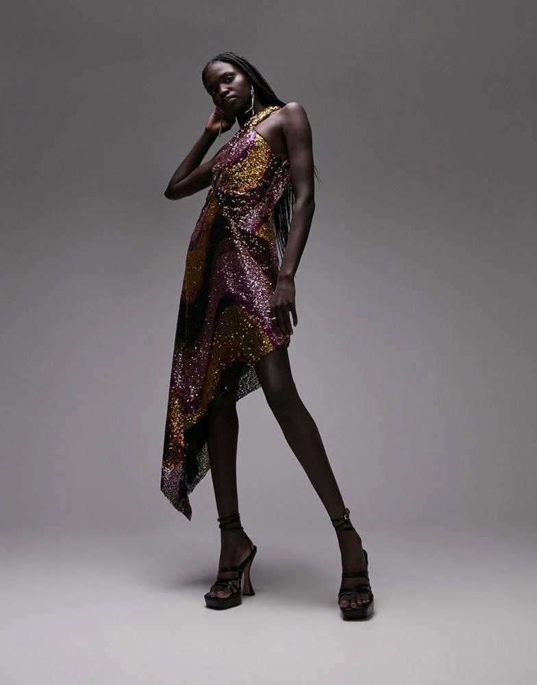 商品Topshop|Topshop asymmetric one shoulder swirl sequin midi dress in multi,价格¥960,第1张图片