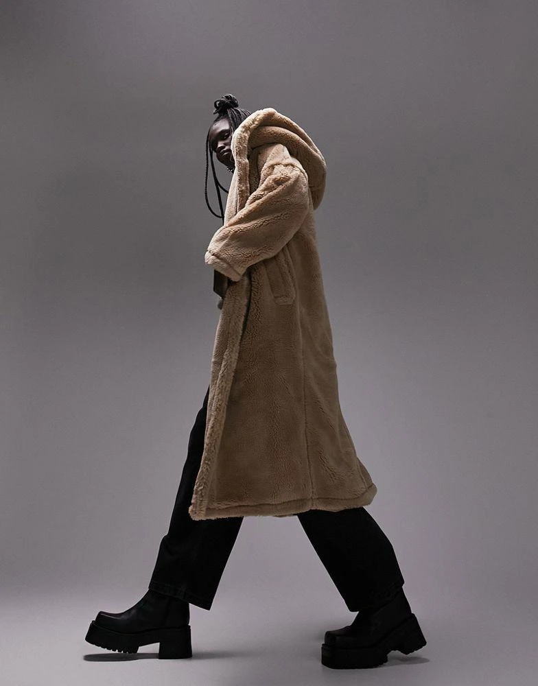 商品Topshop|Topshop hooded borg coat in camel,价格¥612,第1张图片