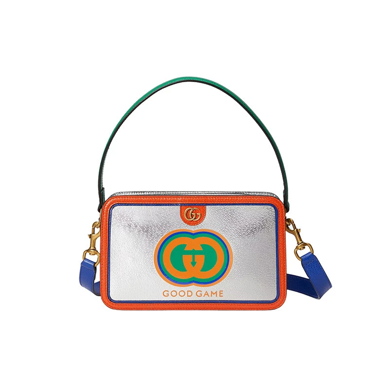 商品Gucci|【预售3-7天】古驰23春夏新款GoodGame系列男士银色金属丝皮革配彩色皮革饰边双G拆卸调节肩带拉链开合单肩手提包720535AAA6I8143,价格¥12445,第1张图片