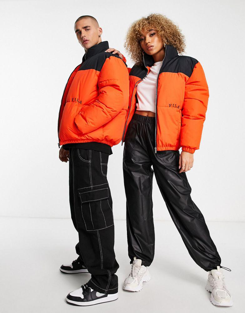 Fila colour blocked puffer jacket with logo in orange商品第1张图片规格展示