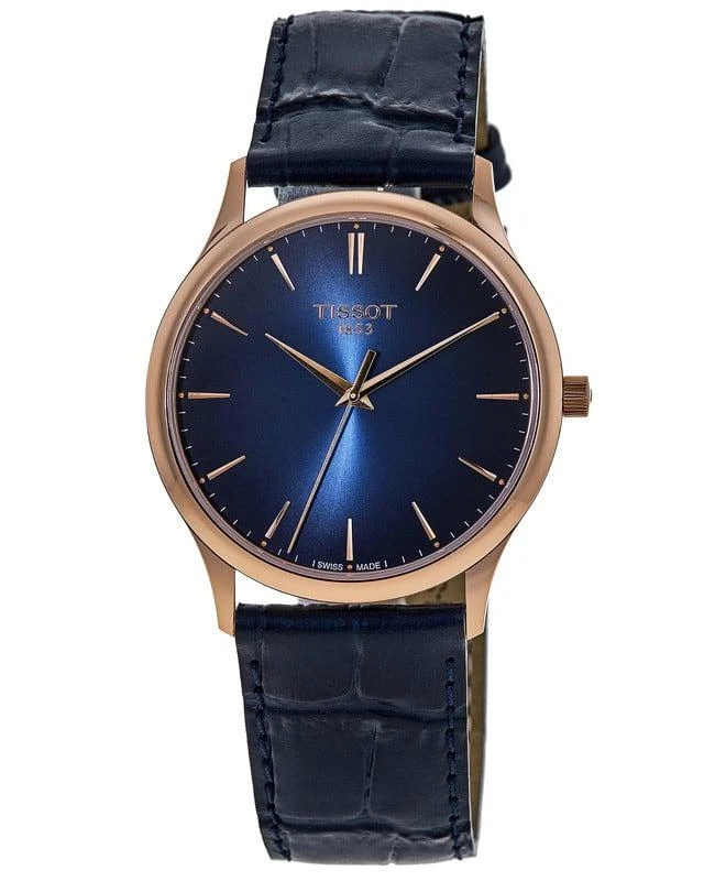商品Tissot|Tissot T-Gold Excellence 18kt Gold Blue Dial Blue Leather Strap Men's Watch T926.410.76.041.00,价格¥16754,第1张图片